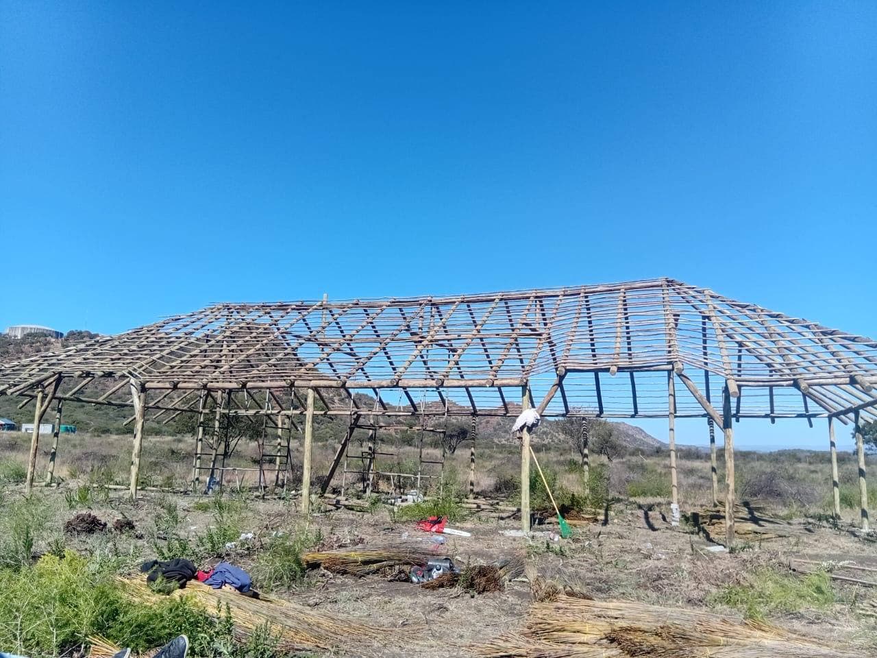 Completed lapa timber frame and roof lattice ready for thatching