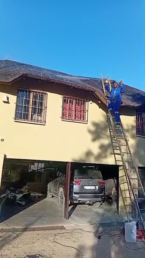 Cleaning and treating a thatch roof on a double-storey home